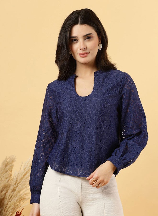 RAASSIO بلوزة قطنية شبكية بأكمام منتفخة بحرية للنساء - Image 2