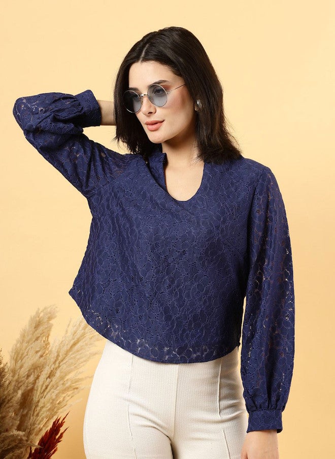 RAASSIO بلوزة قطنية شبكية بأكمام منتفخة بحرية للنساء - Image 1
