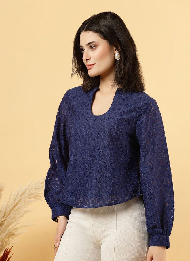 RAASSIO بلوزة قطنية شبكية بأكمام منتفخة بحرية للنساء - Image 4