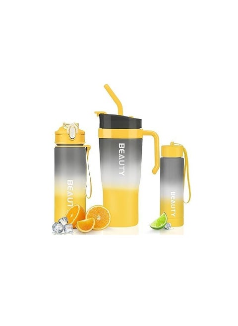 Gradient Water Bottle Set, 3 Sizes (1200ml/800ml/300ml), Double Drinking Cup with Straw and Handle