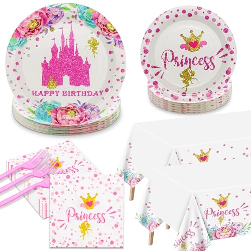 PTECDROTS Princess Party Decorations 162pcs Castle Decorations Including Pink Plates Napkins Forks and Tablecloth for Princess Baby Shower Decorations Princess Birthday Supplies Plates Fork Set Serve 40 - Image 1