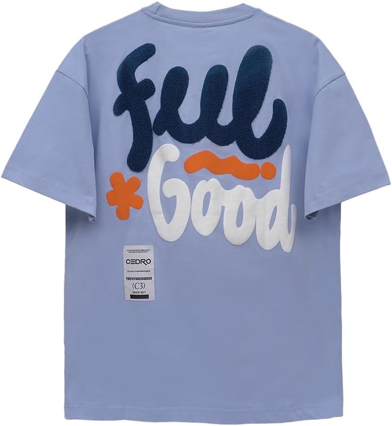 CEDRO تي شيرت قطن رجالي كبير الحجم برسومات في اللون الأزرق - Image 2