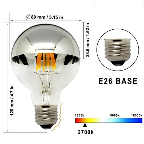 LUXON Half Chrome Light Bulbs,Dimmable,LED Edison Bulbs,Silver Dipped Anti Glare Bulb,Mirror 6W (60W Equivalent) G80/G25 Globe Decorative Light Bulb,E26 Base Warm White 2700K,for Vanity Pack of 2 - Image 5