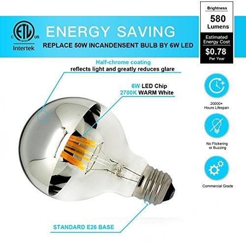 LUXON Half Chrome Light Bulbs,Dimmable,LED Edison Bulbs,Silver Dipped Anti Glare Bulb,Mirror 6W (60W Equivalent) G80/G25 Globe Decorative Light Bulb,E26 Base Warm White 2700K,for Vanity Pack of 2 - Image 3
