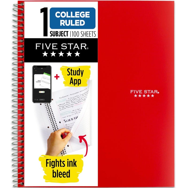 Five Star Spiral Notebook Plus Study App, 1 Subject, College Ruled Paper, 100 Sheets, 8-1/2" x 11", Fire Red (72053) - Image 1