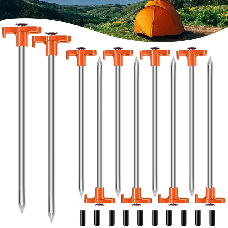 TEOYNGU 10PCS Tent Stakes,Heavy Duty Camping Tent Stakes Non-Rust Metal Tent Pegs for Garden,Hiking,Canopies,Tarp with 10pcs Rubber Protective Sleeve (Orange) - Image 1