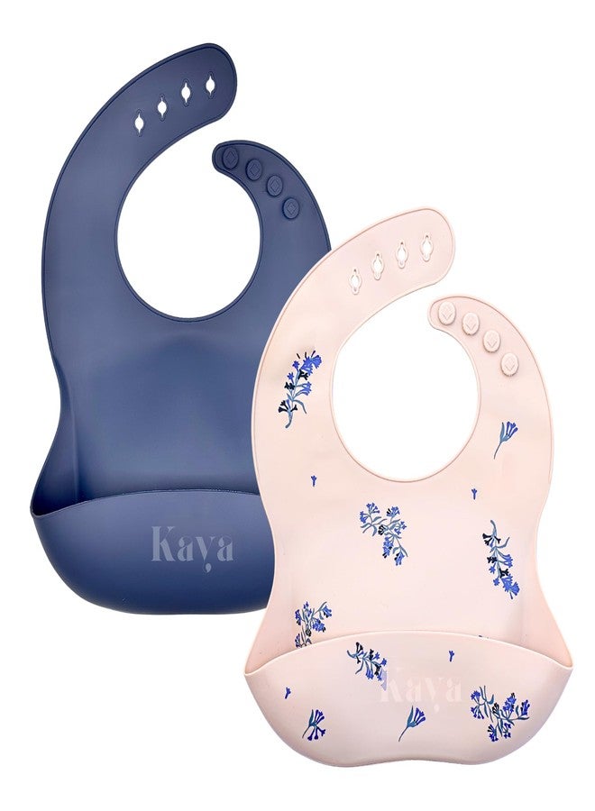 Kaya Silicone Bib for Babies and Toddlers Pack of 2, BPA Free Non-Toxic, Food Catcher, Adjustable Neck, Dishwasher Safe (Deep Blue & Lilac Flowers) - Image 1