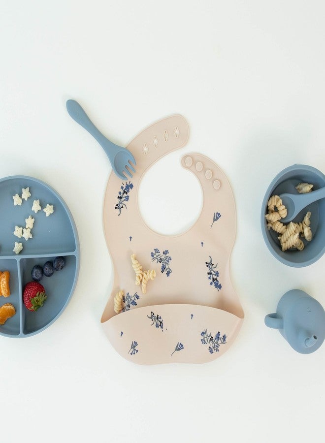 Kaya Silicone Bib for Babies and Toddlers Pack of 2, BPA Free Non-Toxic, Food Catcher, Adjustable Neck, Dishwasher Safe (Deep Blue & Lilac Flowers) - Image 3