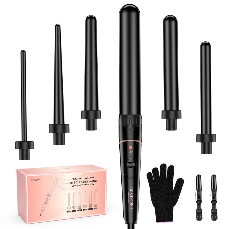 BESTOPE PRO Long Barrel Curling Iron Wand Set, BESTOPE PRO 6 in 1 Curling Wand Set with Ceramic Barrel for Long/Medium Hair, 0.35"-1.25" Interchangeable Hair Wand Curler, Dual Volts, Include Glove & Clips - Black - Image 1
