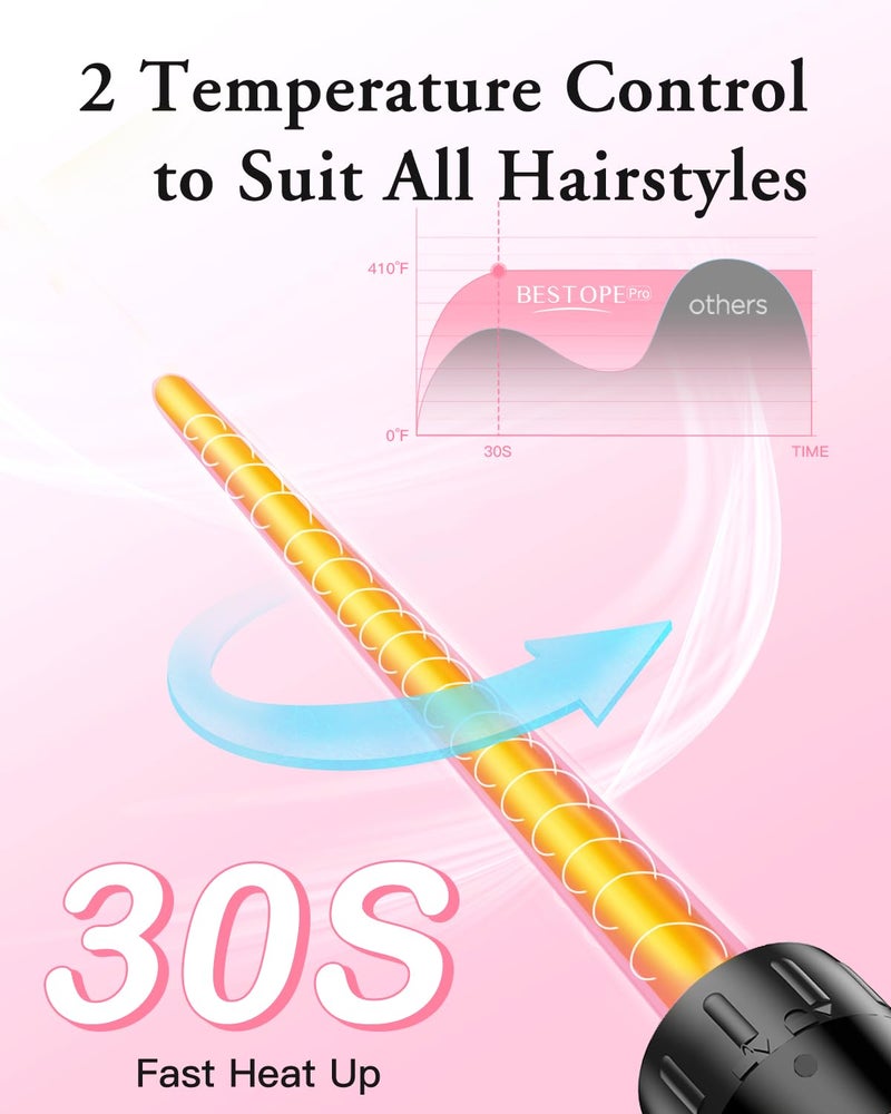 BESTOPE PRO Long Barrel Curling Iron Wand Set, BESTOPE PRO 6 in 1 Curling Wand Set with Ceramic Barrel for Long/Medium Hair, 0.35"-1.25" Interchangeable Hair Wand Curler, Dual Volts, Include Glove & Clips - Black - Image 4
