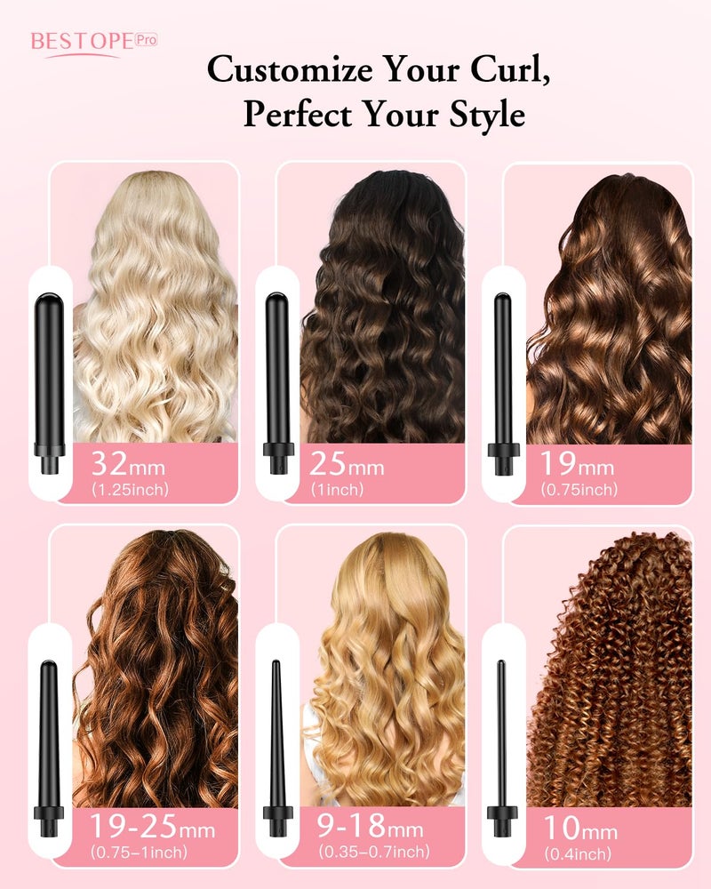 BESTOPE PRO Long Barrel Curling Iron Wand Set, BESTOPE PRO 6 in 1 Curling Wand Set with Ceramic Barrel for Long/Medium Hair, 0.35"-1.25" Interchangeable Hair Wand Curler, Dual Volts, Include Glove & Clips - Black - Image 2