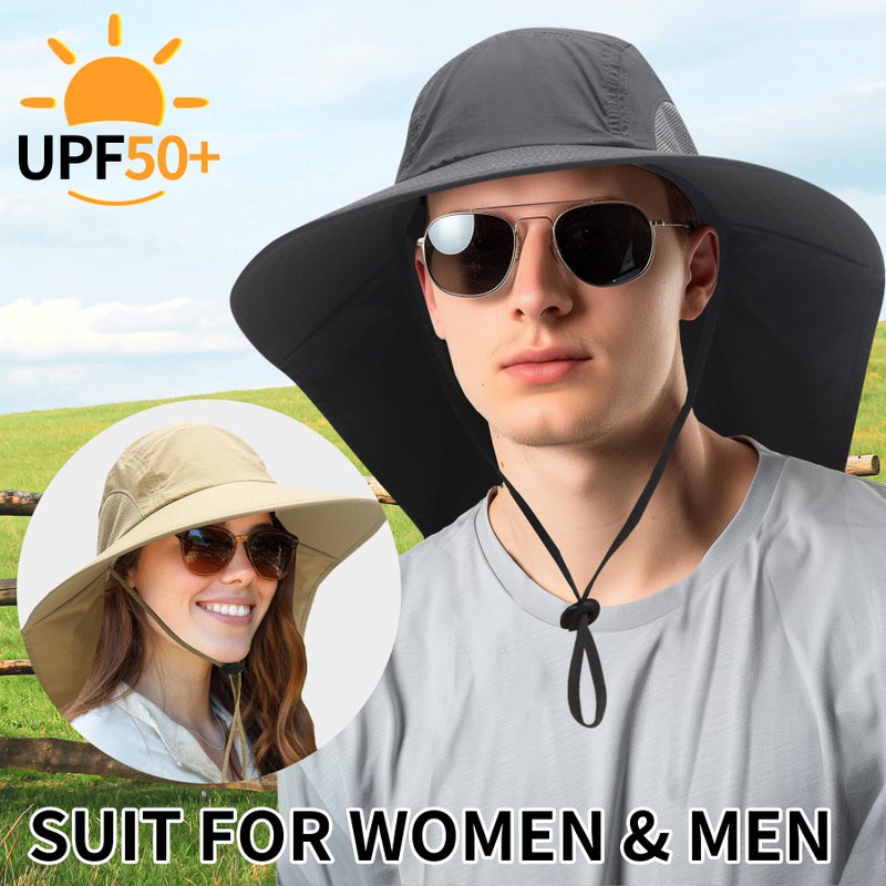 PFFY Sun Bucket Hats for Men Women Fishing Hat UV Protection Wide Brim Beach Safari Hat with Neck Flap Solid Darkgray - Image 2