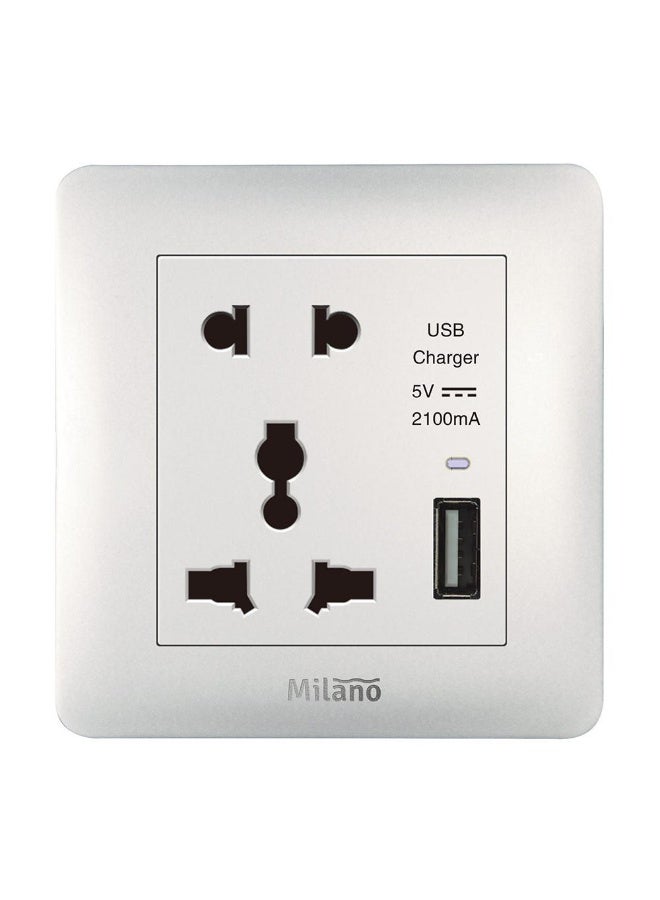 Milano 2 Pin & 3 Pin Universal Socket - Piano White Electrical Outlet with 2.1A USB, Polypropylene, 20 Years Warranty, Self Installation, Indoor Use