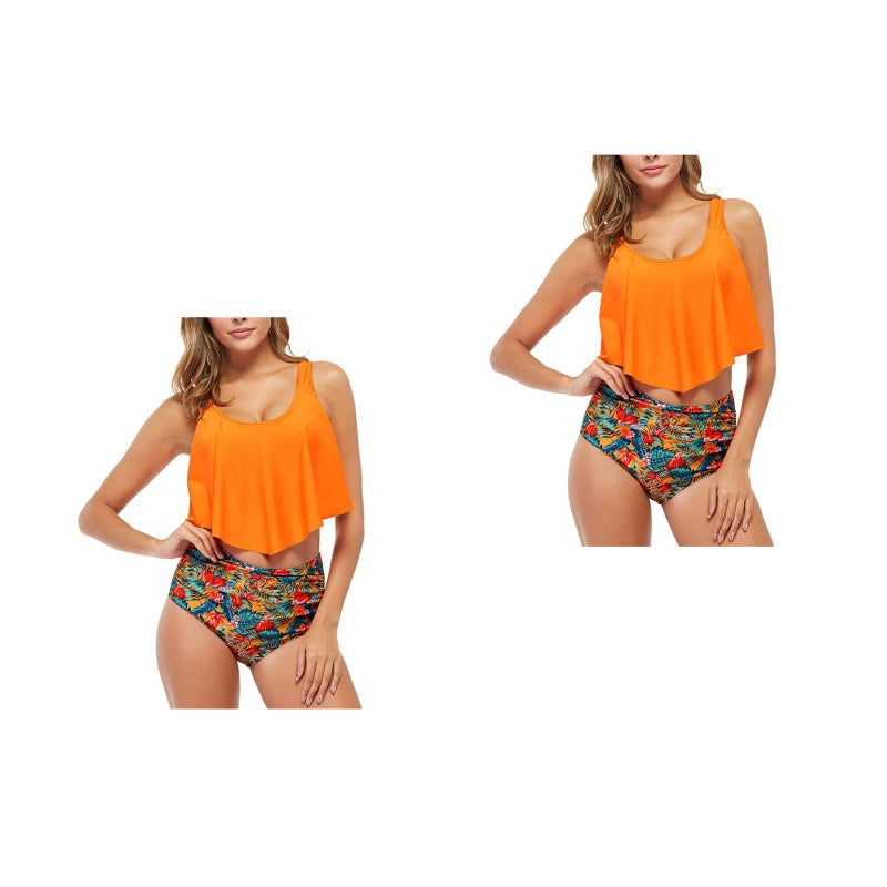 2 Sets of Women High Waist Falbala Swimsuit Matching Swimsuit Lady Two-Piece Bathing (Orange, Size L) - Image 1