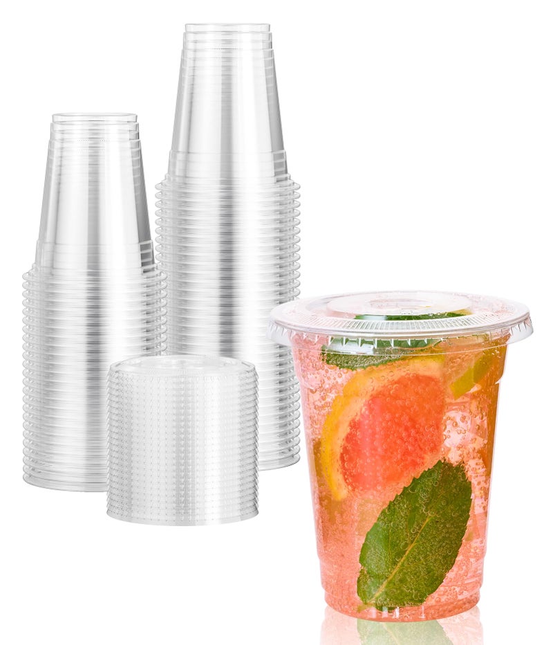 Vplus 200 Pack 12 OZ PET Clear Plastic Cups with Lids 12 OZ Crystal Cold Disposable Drinking Plastic Cups with Flat Lids Perfect for Ice Coffee Smoothie Juice