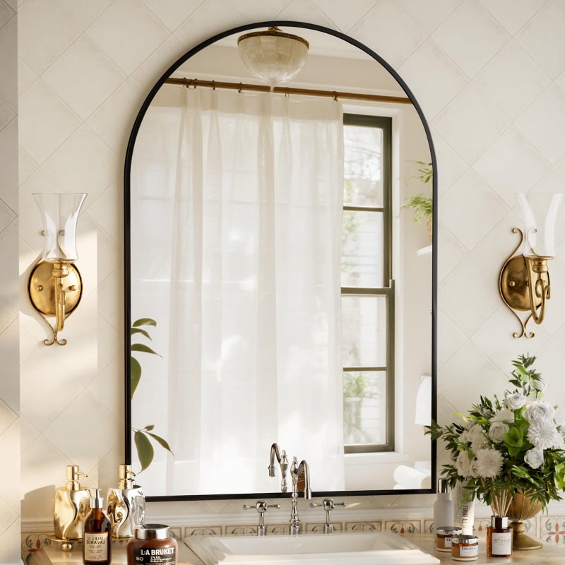 XRAMFY 32"x48" Arched Bathroom Mirror with Aluminum Frame Arched Wall Mounted Vanity Mirror for Entryway, Bedroom, Living Room, Black - Image 1