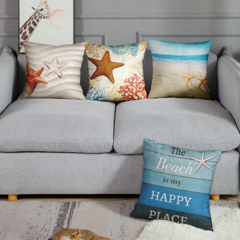 Emvency Set of 4 Throw Pillow Covers Beach Starfish and Summer Blue Ocean Decorative Pillow Cases Home Decor Square 20x20 Inches Pillowcases - Image 2