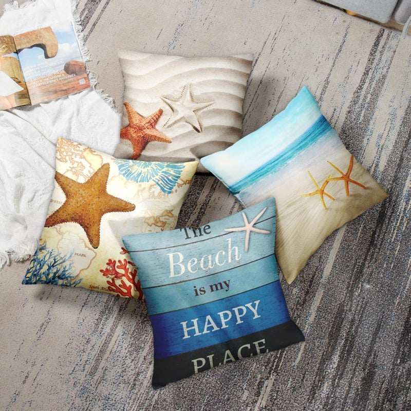 Emvency Set of 4 Throw Pillow Covers Beach Starfish and Summer Blue Ocean Decorative Pillow Cases Home Decor Square 20x20 Inches Pillowcases - Image 5