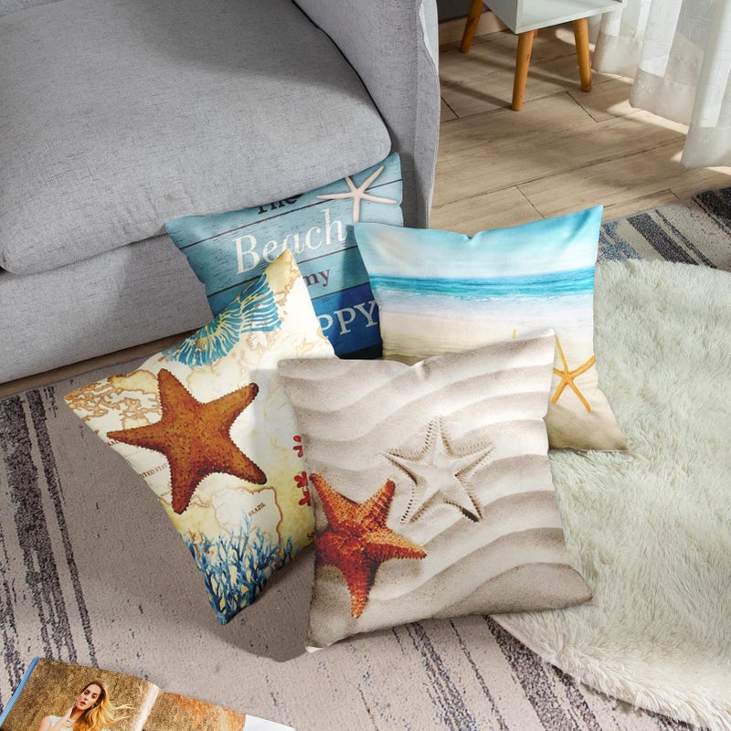 Emvency Set of 4 Throw Pillow Covers Beach Starfish and Summer Blue Ocean Decorative Pillow Cases Home Decor Square 20x20 Inches Pillowcases - Image 4