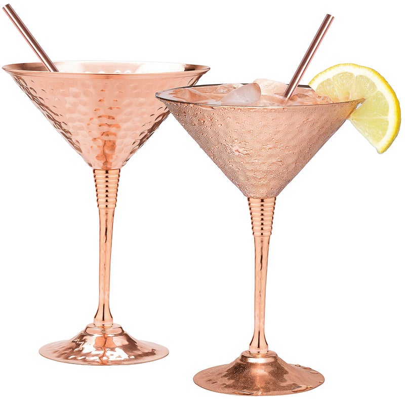Mosscoff Copper martini glasses set of 295oz  with 2 copper straws Hand hammered replacement for Moscow Mule copper mugs A gift set for 7th anniversary wedding 