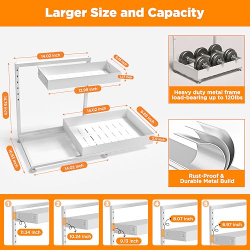 Exovyn Under Sink Organizer, Bathroom Counter Organizer, 2 Packs 2-Tier Metal, Under Cabinet Storage, Makeup Storage, Adjustable Height & Slide-Out Drawer for Kitchen Bathroom, White - Image 4