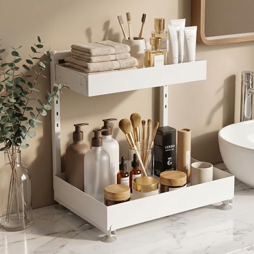 Exovyn Under Sink Organizer, Bathroom Counter Organizer, 2 Packs 2-Tier Metal, Under Cabinet Storage, Makeup Storage, Adjustable Height & Slide-Out Drawer for Kitchen Bathroom, White - Image 5