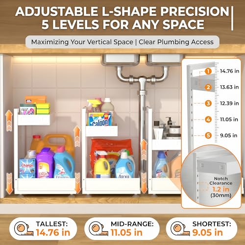 Exovyn Under Sink Organizer, Bathroom Counter Organizer, 2 Packs 2-Tier Metal, Under Cabinet Storage, Makeup Storage, Adjustable Height & Slide-Out Drawer for Kitchen Bathroom, White - Image 3