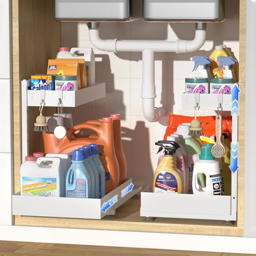 Exovyn Under Sink Organizer, Bathroom Counter Organizer, 2 Packs 2-Tier Metal, Under Cabinet Storage, Makeup Storage, Adjustable Height & Slide-Out Drawer for Kitchen Bathroom, White - Image 1