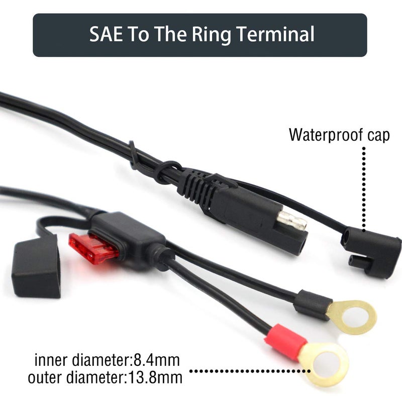 iMESTOU iMESTOU 2FT SAE to O Ring Terminal Harness 2 Pin Quick Disconnect Plug, Eyelet Terminal Harness Extension Charge Cord Quick Disconnect SAE Connection Lead for Motorcycle, Car, Tractor 10A Fuse (5pcs)  - Image 3