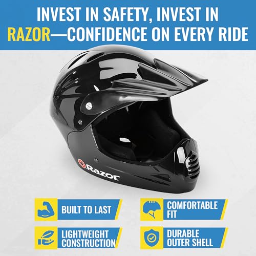 Razor خوذة رايزر كاملة الوجه للشباب - خوذة دراجة هوائية للشباب مع واقي أمامي - غلاف بلاستيكي خفيف الوزن - أحزمة قابلة للتعديل، داخلية مبطنة، و 17 فتحة تهوية لراحة تنفسية - سوداء - Image 4