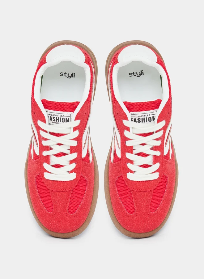 Styli Styli Women Red Suede Look Lace Up Sneakers