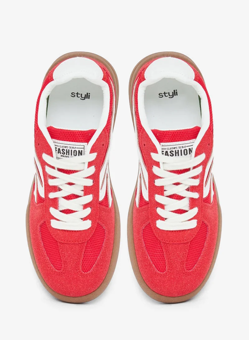 Styli Active  Women Red Suede Look Lace Up Sneakers for Women | Best Price UAE