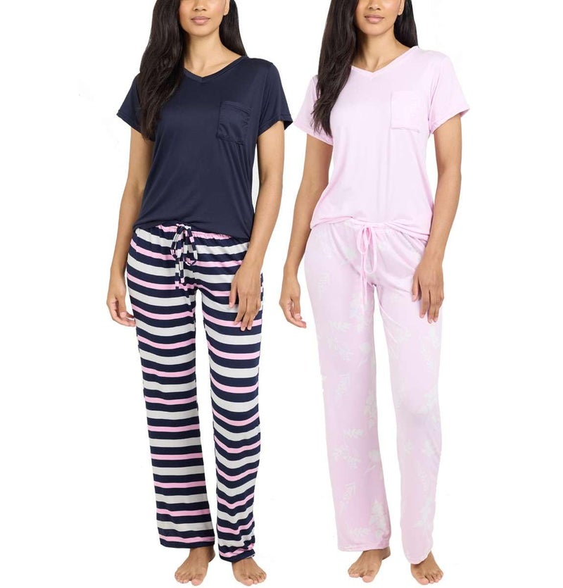 Real Essentials 2 Pack Womens Pajama Set Choose from Short Sleeve with Pocket or Long Sleeve without Pocket