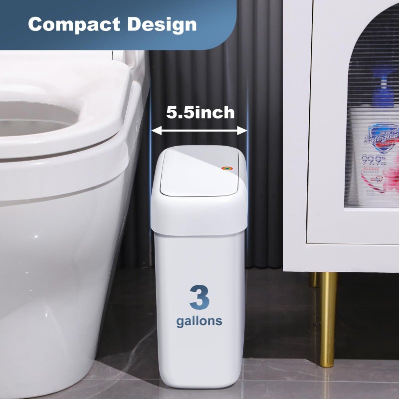 JOYBOS Bathroom Trash Can with Lid, 3 Gallon Small Garbage Can, 10L Dogproof Slim Plastic Narrow Trash Bin with Pop-up Lid for Toilet, Office, Bedroom, Living Room, White - Image 2