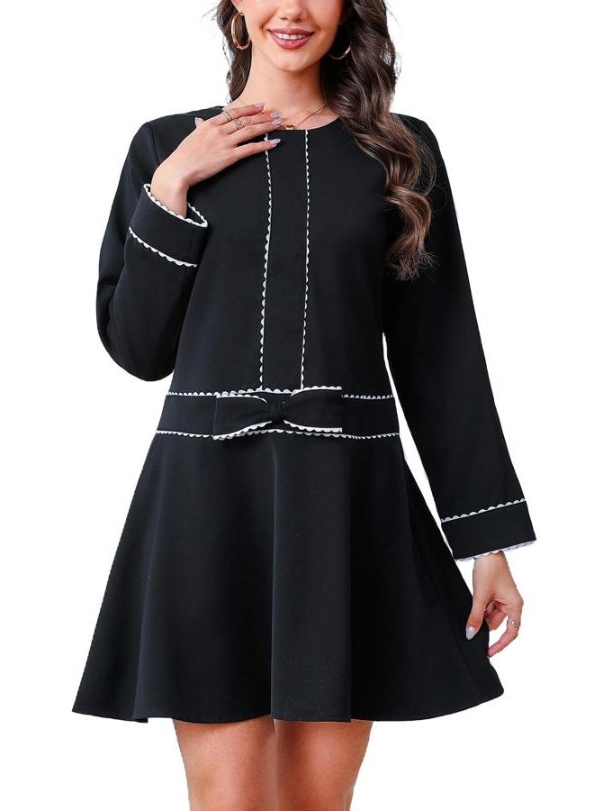Kedera Women's Bow Mini Dress Long Sleeve Ruffled Dress Crew Neck Lace Dress Elegant Cocktail Party Dress, Black, S - Image 1