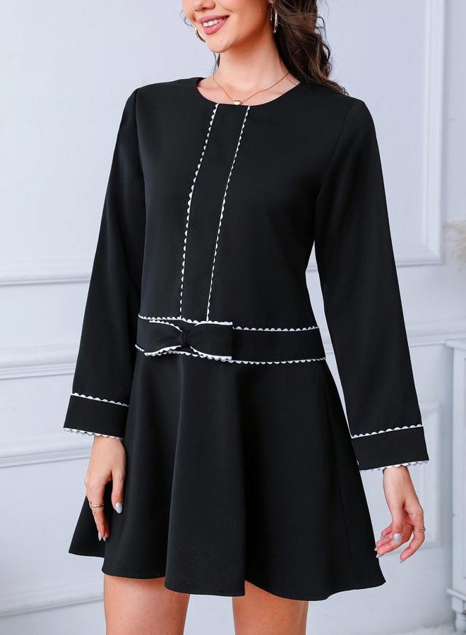Kedera Women's Bow Mini Dress Long Sleeve Ruffled Dress Crew Neck Lace Dress Elegant Cocktail Party Dress, Black, S - Image 3