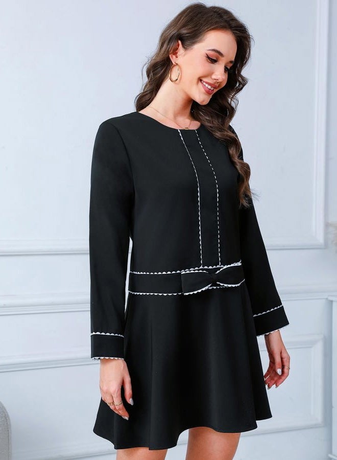 Kedera Women's Bow Mini Dress Long Sleeve Ruffled Dress Crew Neck Lace Dress Elegant Cocktail Party Dress, Black, S - Image 5