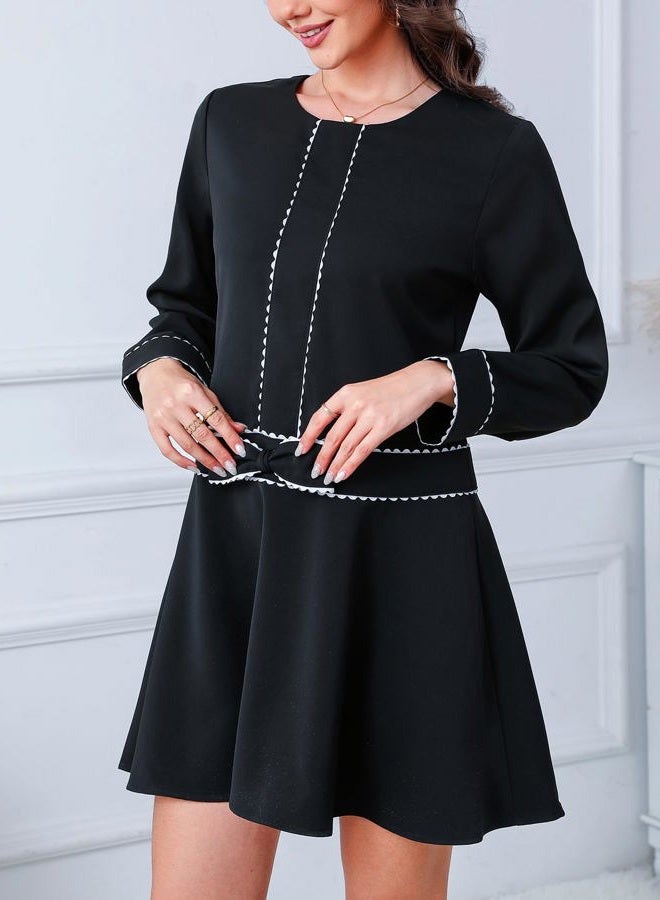 Kedera Women's Bow Mini Dress Long Sleeve Ruffled Dress Crew Neck Lace Dress Elegant Cocktail Party Dress, Black, S - Image 2
