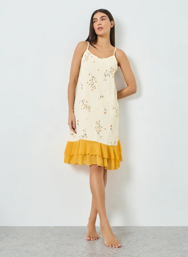 Take Two Yellow Floral Print Ruffle Hem Strappy Nightdress