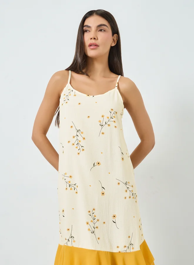 Take Two Yellow Floral Print Ruffle Hem Strappy Nightdress