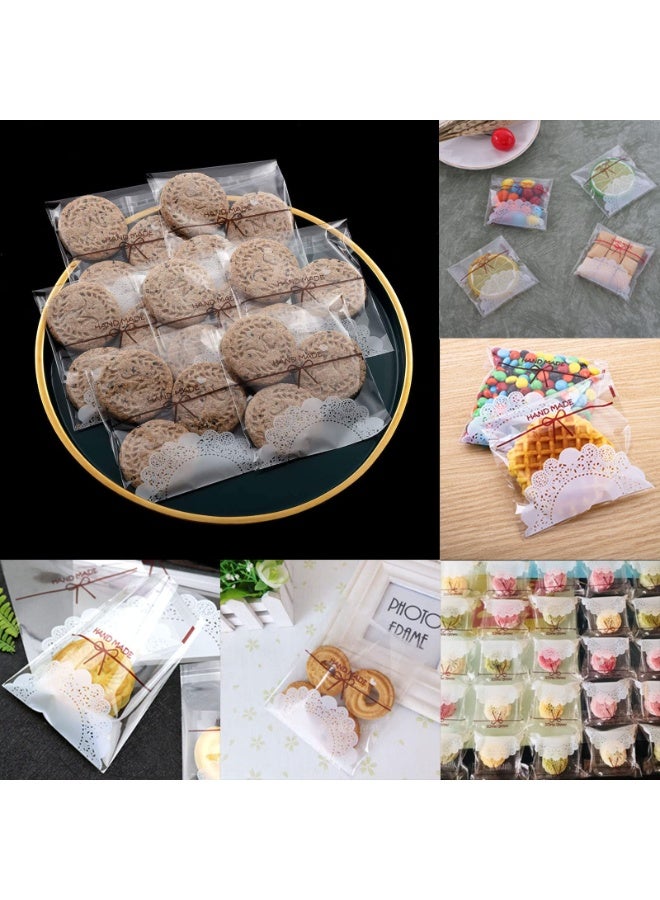 RTYY مجموعة من 200 كيس بسكويت ذاتي اللصق، أكياس سيلوفان قابلة لإعادة الإغلاق، مزينة بدانتيل، أكياس بلاستيكية شفافة مزينة بفيونكة دانتيل جميلة، أكياس هدايا للحلوى والبسكويت، أكياس بلاستيكية شفافة لتغليف الحلوى، أكياس سيلوفان فردية لتوزيعات الحفلات، أكياس تغليف البسكويت والشوكولاتة والوجبات الخفيفة والمخبوزات (7×7 سم). - Image 3