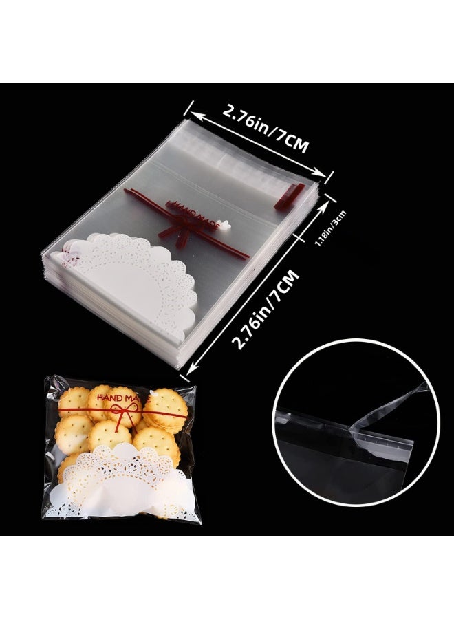 RTYY مجموعة من 200 كيس بسكويت ذاتي اللصق، أكياس سيلوفان قابلة لإعادة الإغلاق، مزينة بدانتيل، أكياس بلاستيكية شفافة مزينة بفيونكة دانتيل جميلة، أكياس هدايا للحلوى والبسكويت، أكياس بلاستيكية شفافة لتغليف الحلوى، أكياس سيلوفان فردية لتوزيعات الحفلات، أكياس تغليف البسكويت والشوكولاتة والوجبات الخفيفة والمخبوزات (7×7 سم). - Image 4