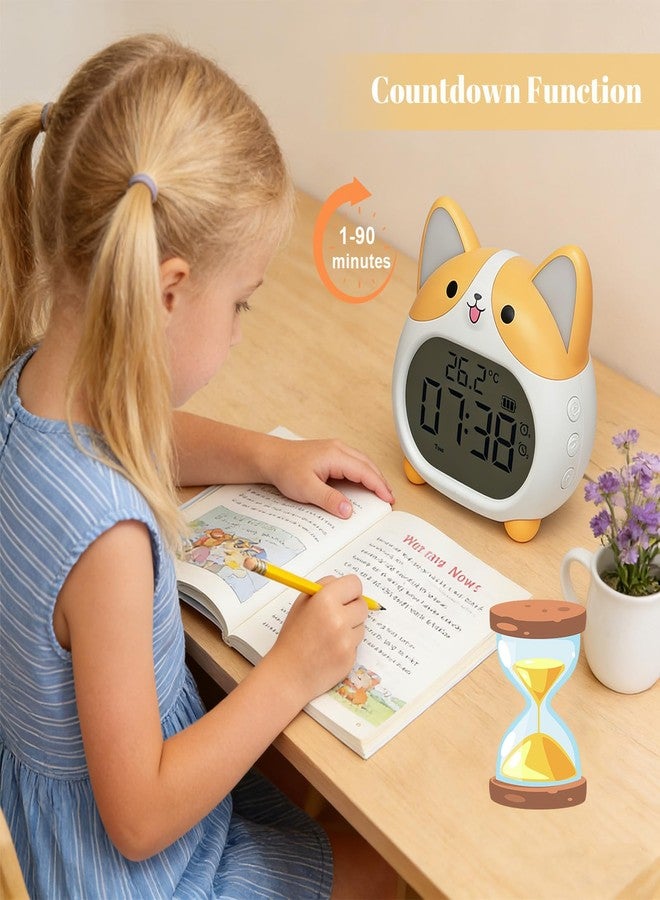 JUSTUP Dog Alarm Clock, Loud Bell Alarm Clock with Night Light, Rechargeable Teen Digital Clock with 6 Alarm, Timer and Temperature Display, Cute Animal Bedside Clock for Bedroom Study Office (Yellow) - Image 3
