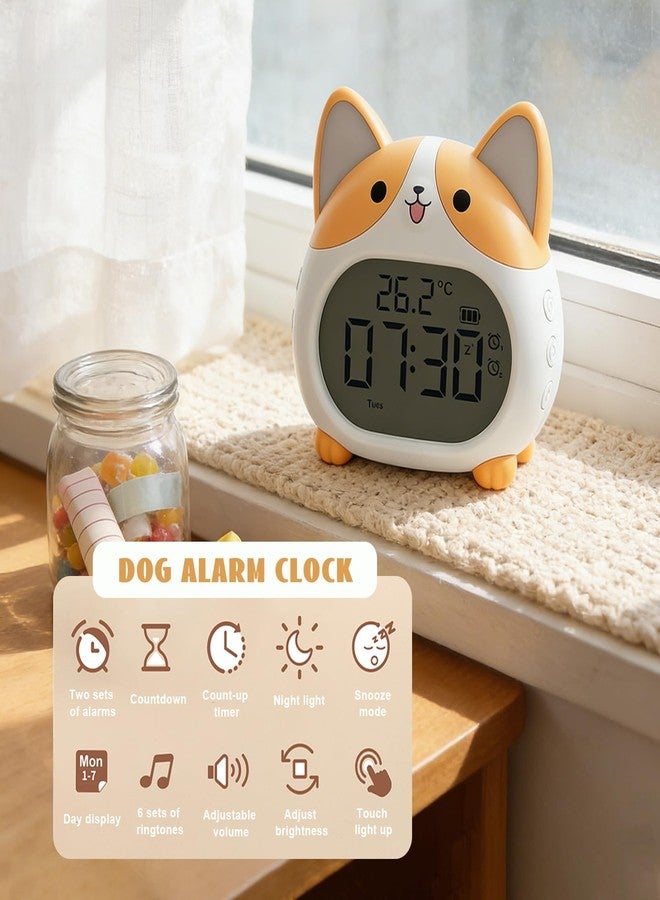 JUSTUP Dog Alarm Clock, Loud Bell Alarm Clock with Night Light, Rechargeable Teen Digital Clock with 6 Alarm, Timer and Temperature Display, Cute Animal Bedside Clock for Bedroom Study Office (Yellow) - Image 2