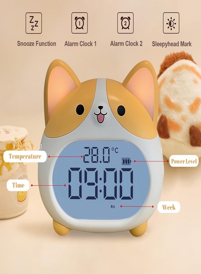 JUSTUP Dog Alarm Clock, Loud Bell Alarm Clock with Night Light, Rechargeable Teen Digital Clock with 6 Alarm, Timer and Temperature Display, Cute Animal Bedside Clock for Bedroom Study Office (Yellow) - Image 4