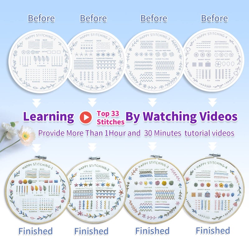 ETSPIL Beginner Embroidery Kit for Adults & Teens â€“ 33 Stitches, Stamped Plant & Wreath Patterns, Hoop, Threads & Tools, Video & Manual Instructions, Easy & Fun DIY Gift for Craft Lovers - Image 4
