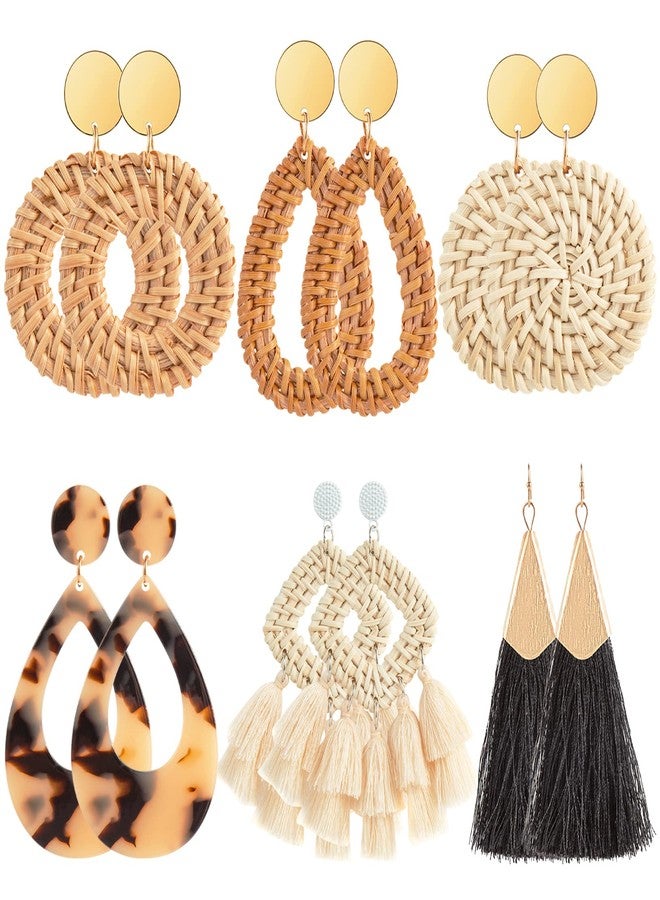 Ponpon 6-18 Pairs Earrings for Women, Lightweight Summer Earrings Straw Earrings Fashion Geometric Statement Hoop Dangle Drop Earrings for Women, Rattan Metal, No Gemstone - Image 1