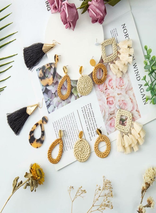 Ponpon 6-18 Pairs Earrings for Women, Lightweight Summer Earrings Straw Earrings Fashion Geometric Statement Hoop Dangle Drop Earrings for Women, Rattan Metal, No Gemstone - Image 4