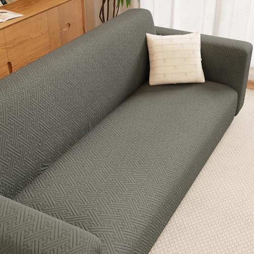 Lukzer 1 Seater Pastel Dark Grey Grid Maze Pattern Sofa Cover | 240 GSM Universal Stretch Fit Jacquard Fabric Couch Protector | Fully Covered Anti Slip & Washable Sofa Cover (90-140cm/SC-104-01) - Image 1