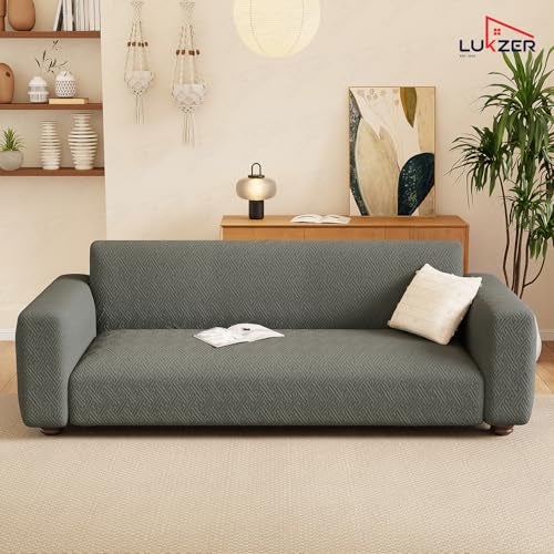 Lukzer 1 Seater Pastel Dark Grey Grid Maze Pattern Sofa Cover | 240 GSM Universal Stretch Fit Jacquard Fabric Couch Protector | Fully Covered Anti Slip & Washable Sofa Cover (90-140cm/SC-104-01) - Image 4
